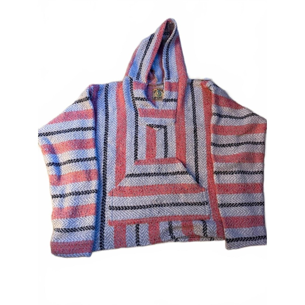 Vintage Baja Joe Surf Hoodie Mexican Blanket Pullover Pink Gray Black Large